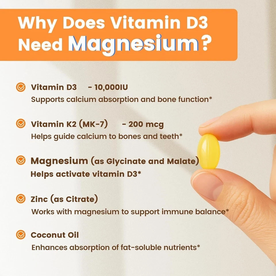 VEV Vitamin D3 K2 Magnesium 10000 IU Softgels Zinc Bone Muscle Energy 300ct