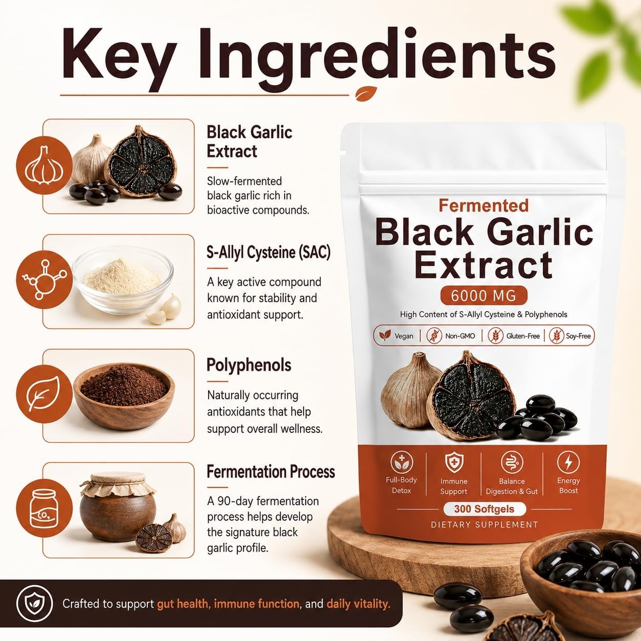 Natural Fermented Black Garlic Extract – Odorless Aged Garlic, 300 Softgels, Imm