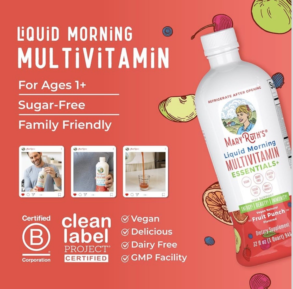 MaryRuth Organics Liquid Morning Multivitamin 12/2027 Fruit Punch 32floz