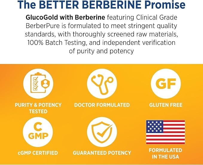 GlucoGold Berberine Blood Sugar Support – Cinnamon, Chromium, Banaba – 90 Tabs