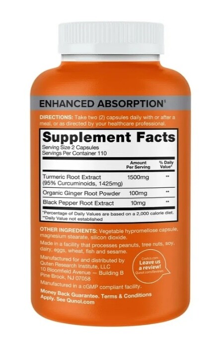 Qunol Turmeric Curcumin 1500mg with Bioprene Capsules – 220 Count EXP 04/2027
