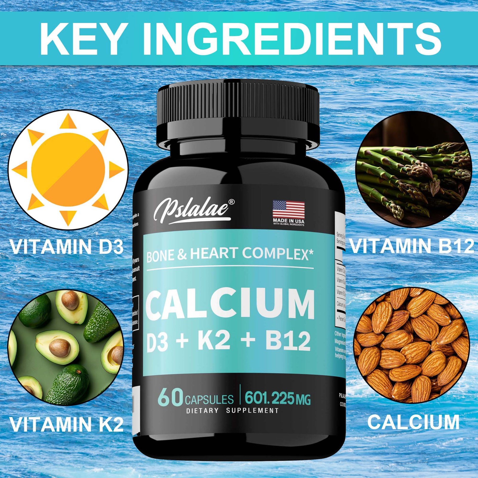 Calcium Capsules – with Vitamin D3, K2, B12, Immune, Bone, Muscle, Heart Health