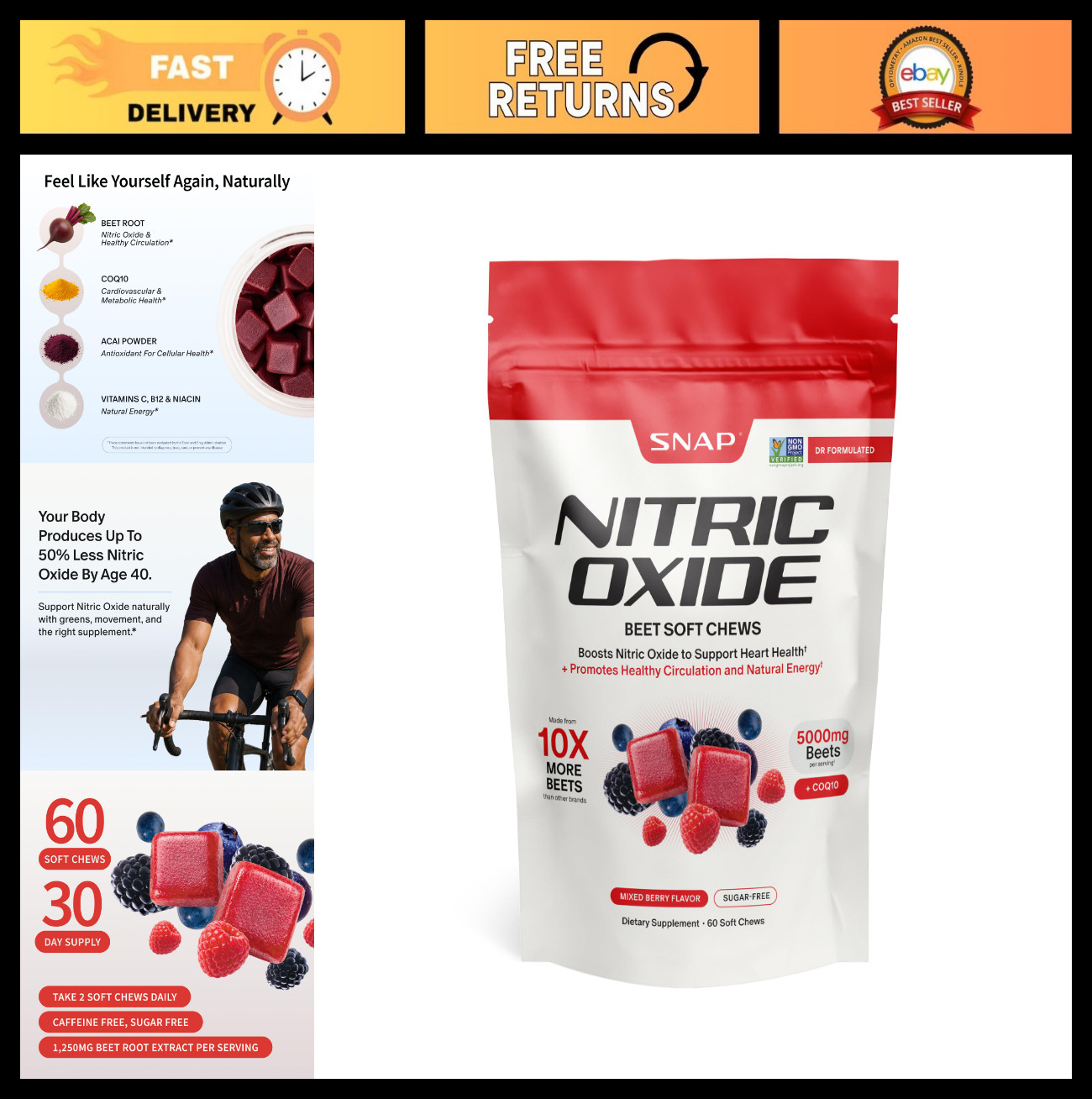 Nitric Oxide Beet Root Chews – 60 Sugar-Free Soft Chews, CoQ10 & Acai, Energy &