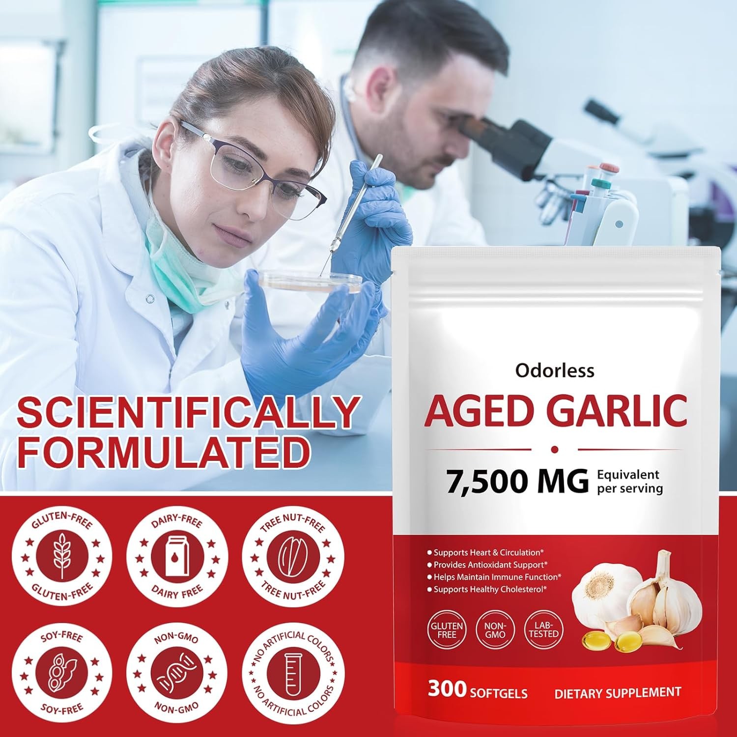 Odorless Garlic 7500mg Per Servings, 300 Softgels | 2 Years Aged Garlic Extra…