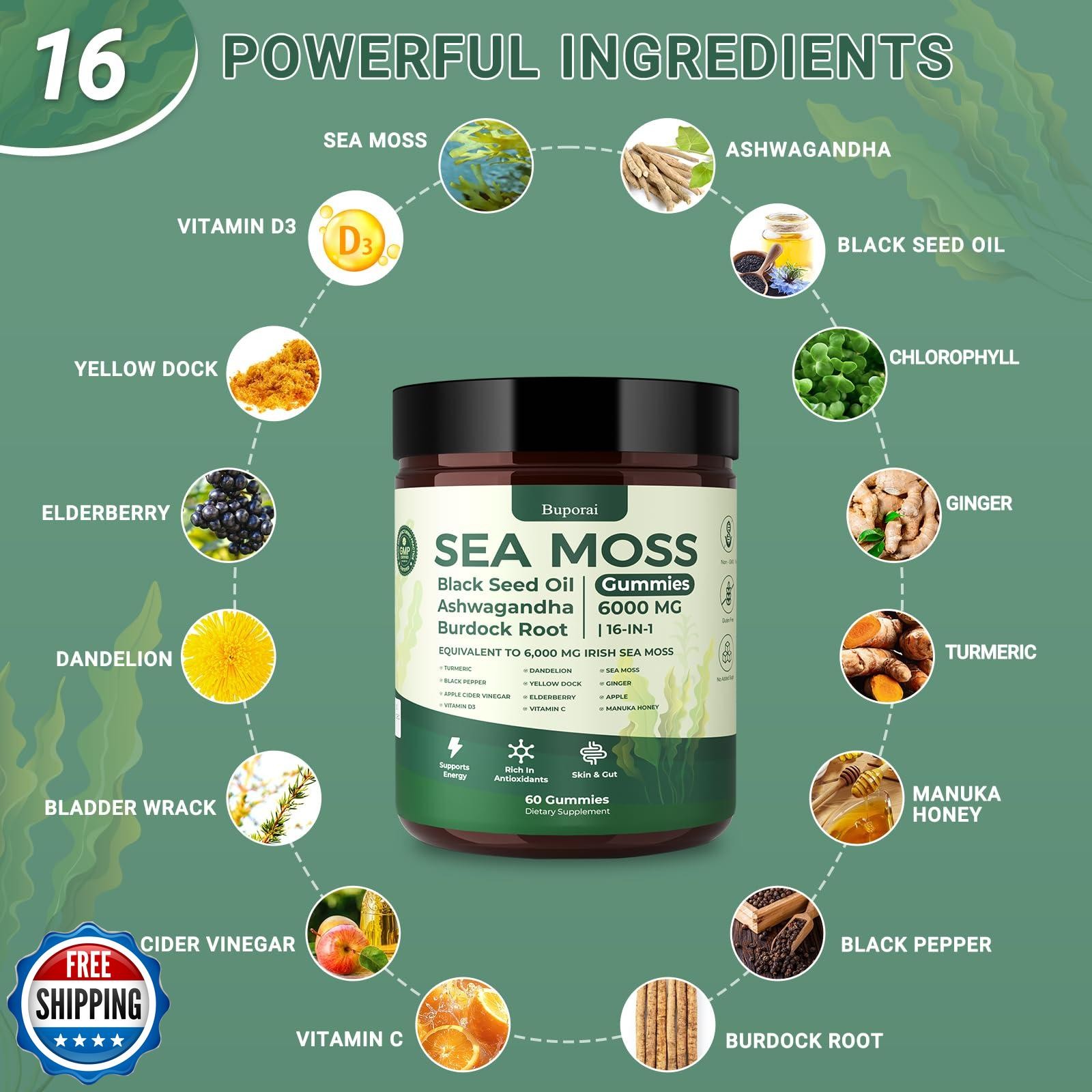 Buporai Sea Moss Gummies 16-1, Black Seed Oil Ashwagandha Turmeric Bladder Wr