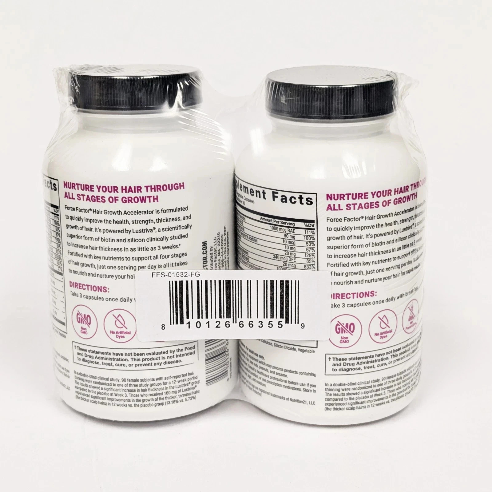2 Bottles Force Factor Hair Growth Accelerator Capsules, 180 Count Free Shipping