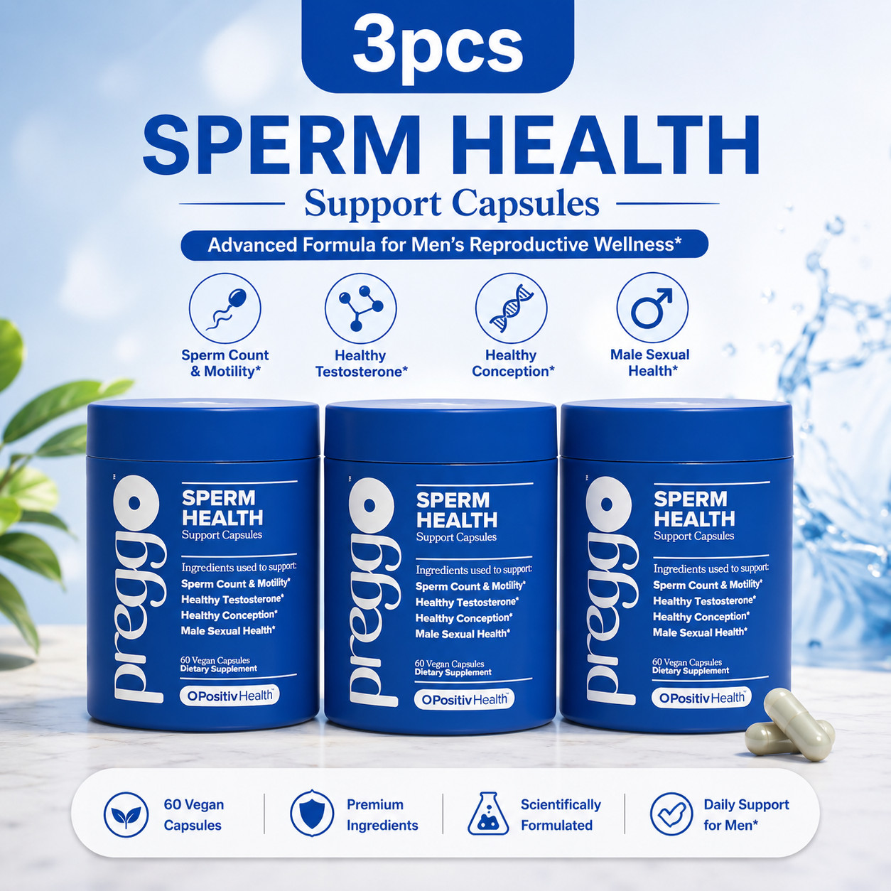 3PACK Preggo Sperm Health Capsules for Men Sperm Count & Motility,180 Vegan Caps