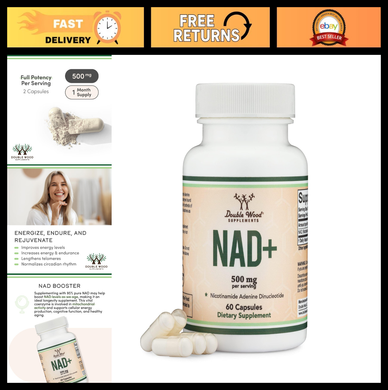 NAD+ Anti-Aging & Cell Regeneration Supplement | 500mg Pure NAD Plus, 30 Days, V