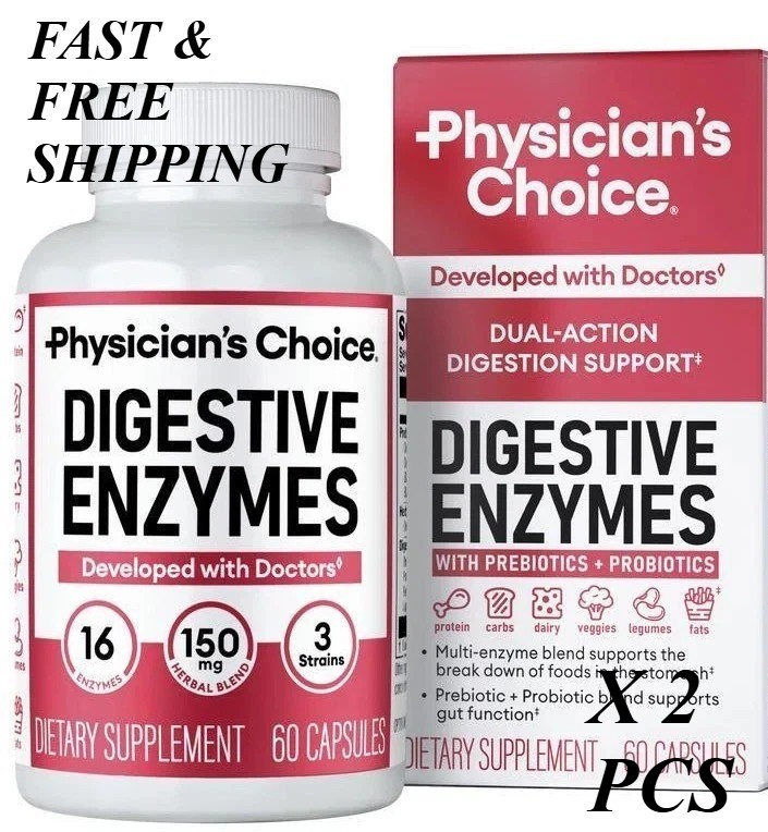 2 BOTTLES-Physician’s CHOICE Digestive Enzymes Multi Enzymes, Organic Prebiotics