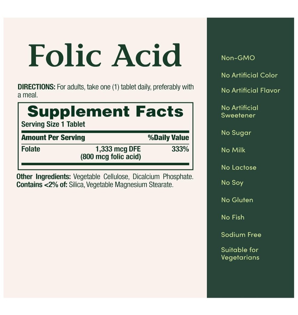 Nature’s Bounty Folic Acid 800mcg Prenatal Heart Health Vitamin 250 Tabs 1 Pack.