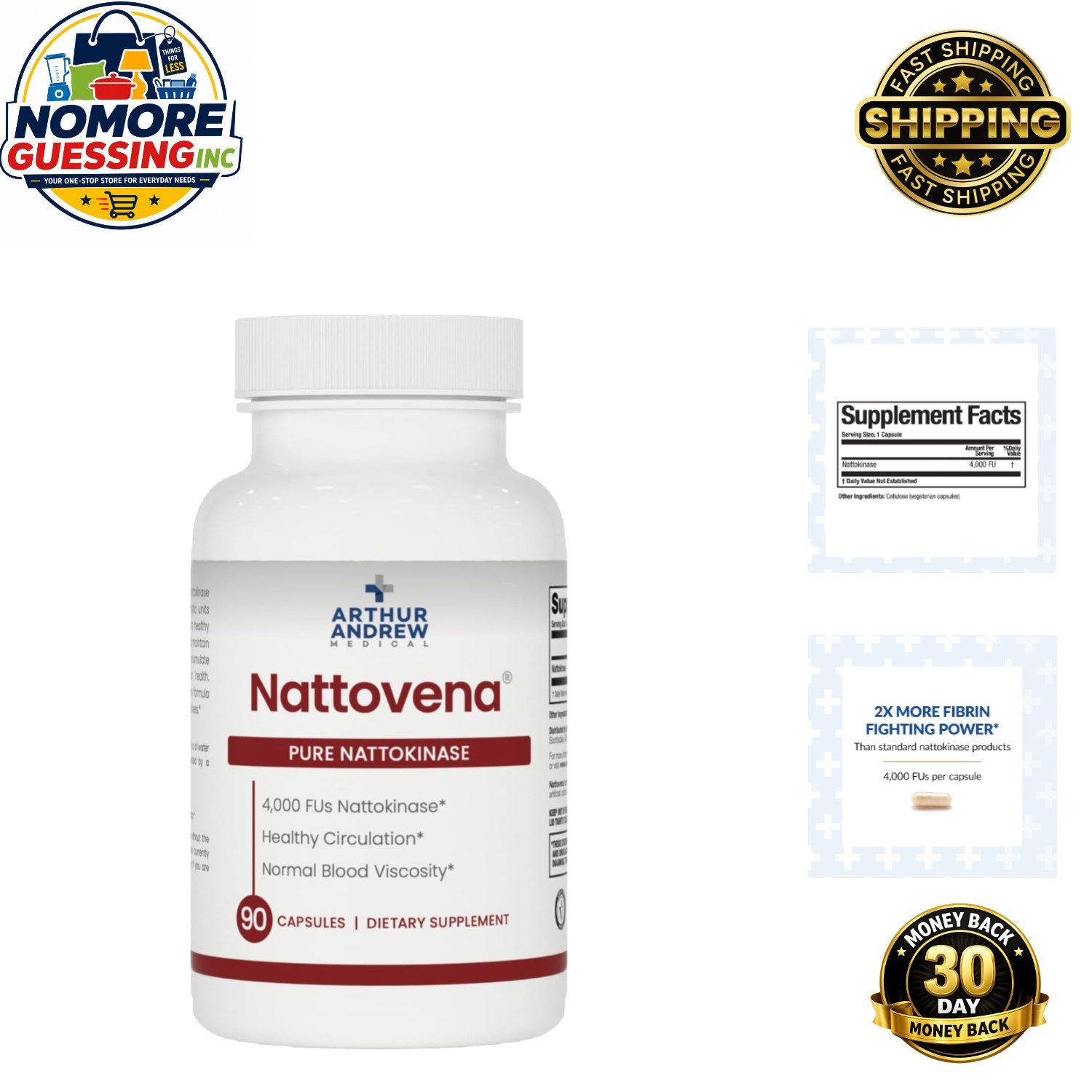 Nattovena Pure Nattokinase Supplement – Double Strength 4,000 FUs – 90 Capsules