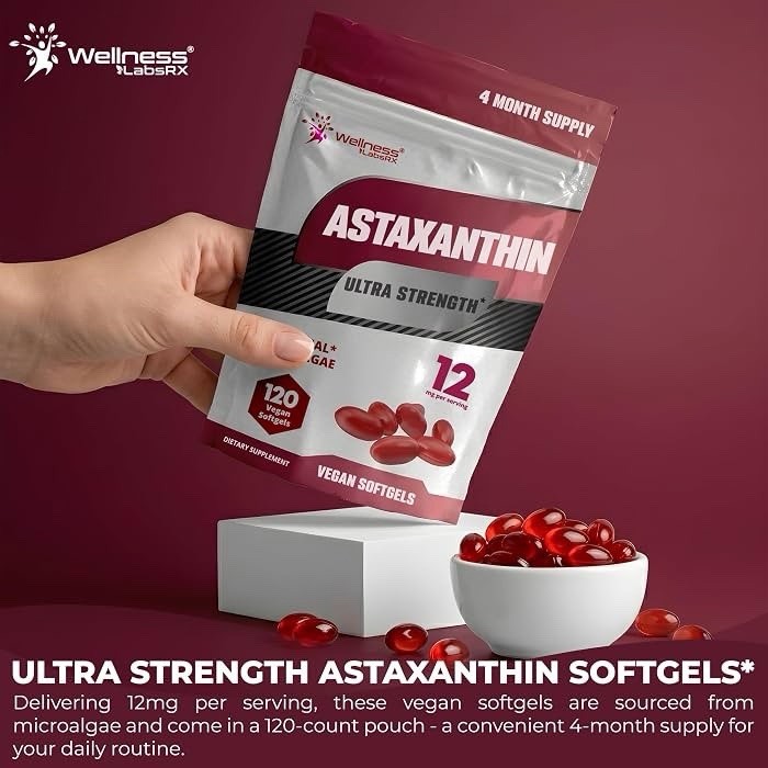 Liposomal Astaxanthin 12mg – 120 Vegan Softgels, 4 Month Supply, Natural Astaxan
