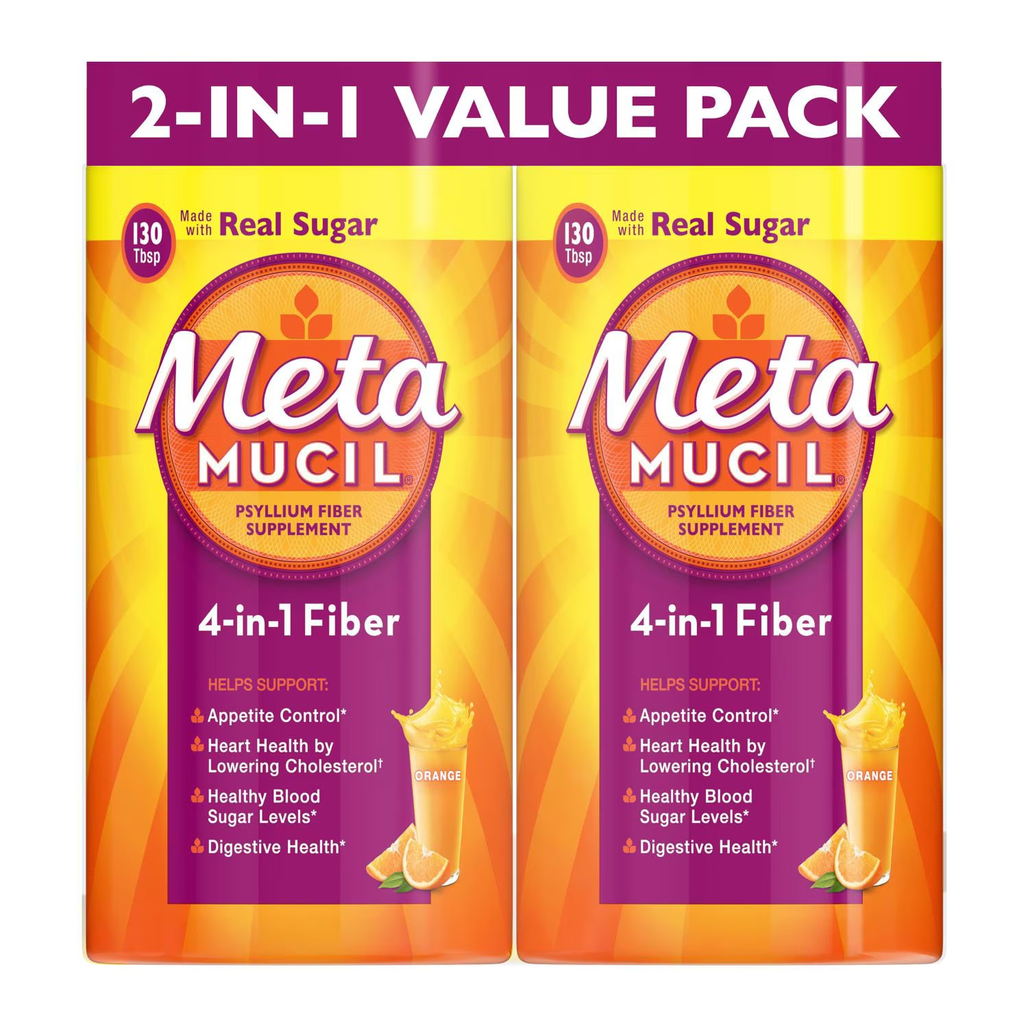 Metamucil Psyllium 4in1 Fiber Supplement Powder, Orange, 55 oz 2 Pack