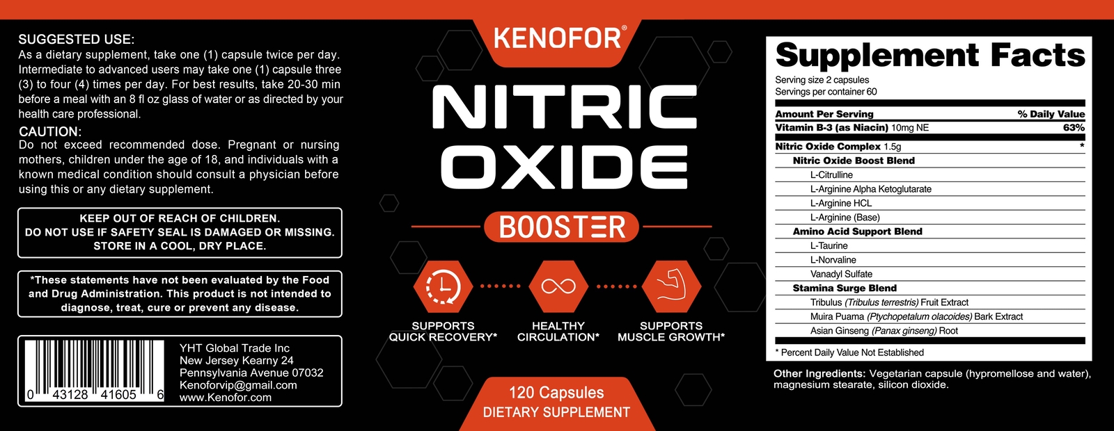 Nitric Oxide Booster Supplement – L-Arginine, L-Citrulline – 30/60 /120Capsules