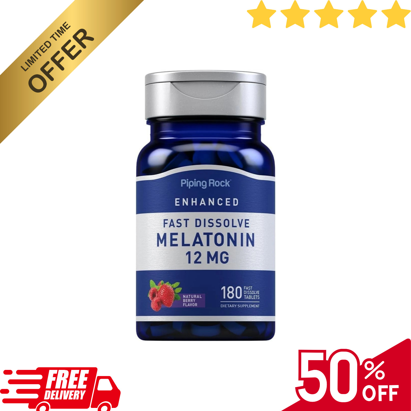 Piping Rock Melatonin 12 mg | 180 Tablets | for better sleep All Nights Non-GMO