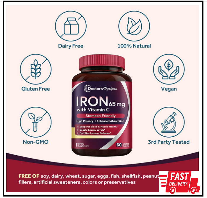 Iron Supplement 65 Mg with Vitamin C – Maximized Absorption & Stomach Friendly..