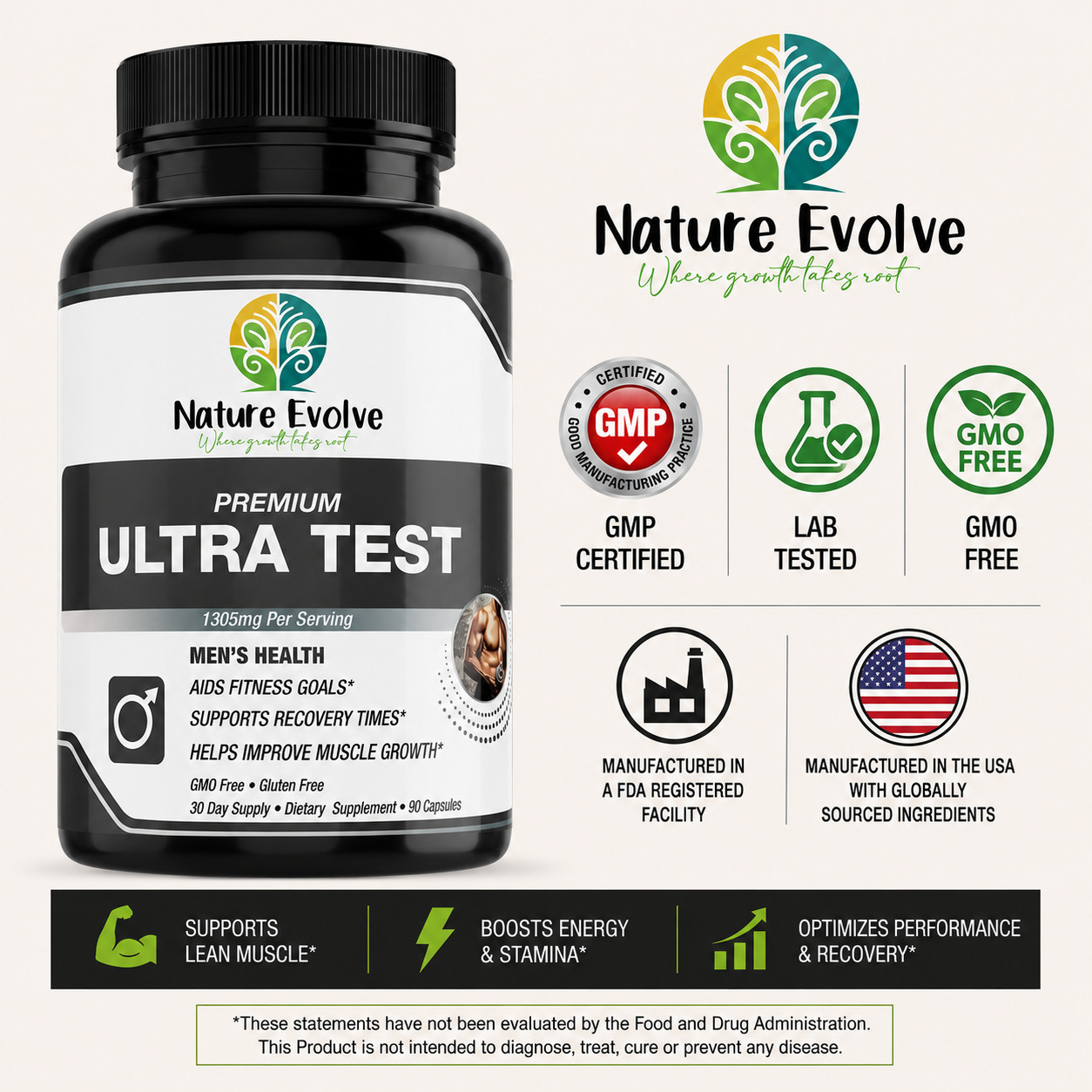 Nature Evolve Premium Ultra Test Men’s Health Support 1305mg Made In USA