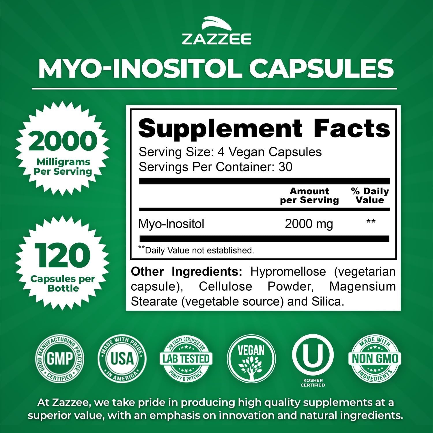 120 Count Myo-Inositol Capsules 2000mg – , Kosher, & Hormone Health Support