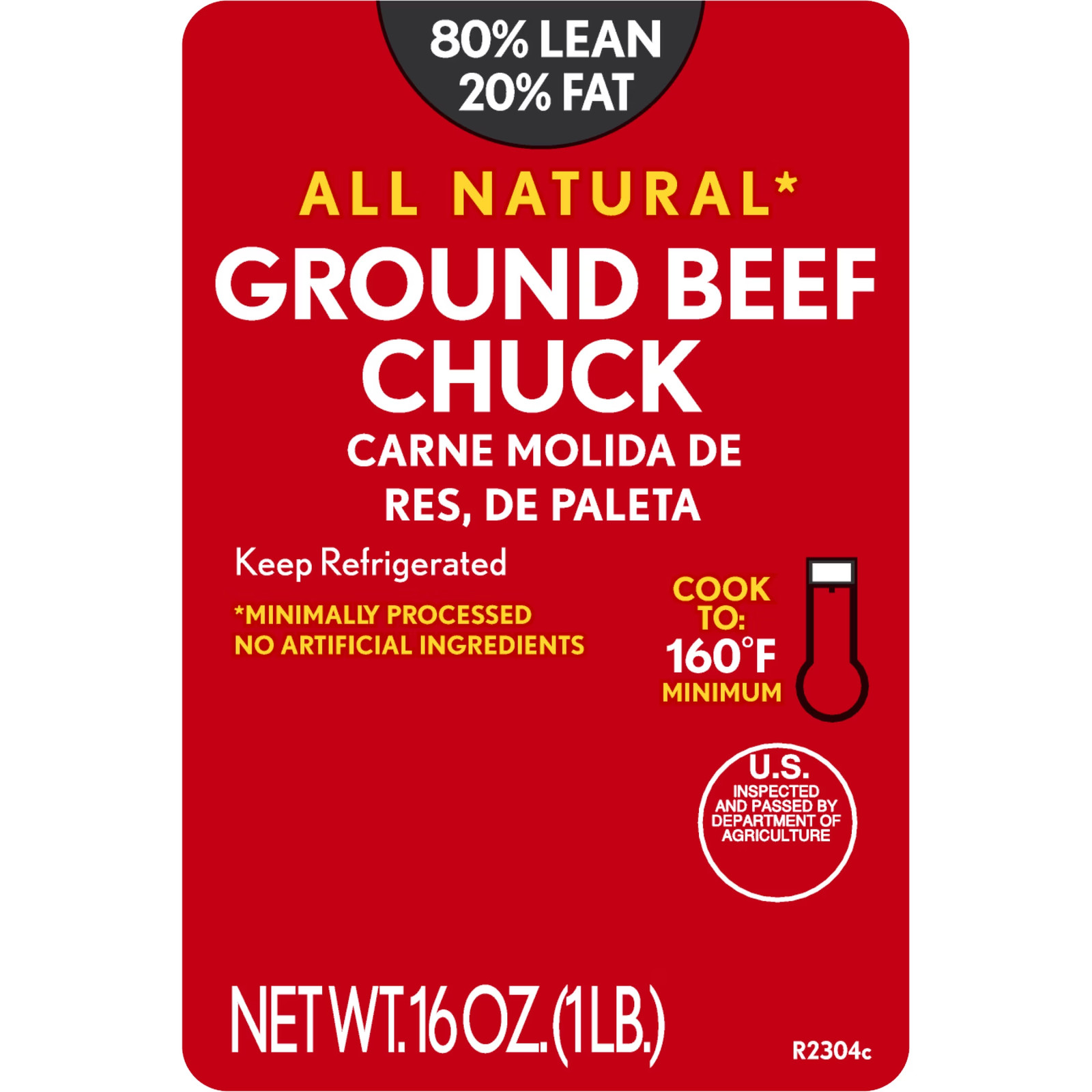 All Natural* 80% Lean/20% Fat Ground Beef Chuck, 1 Lb Tray