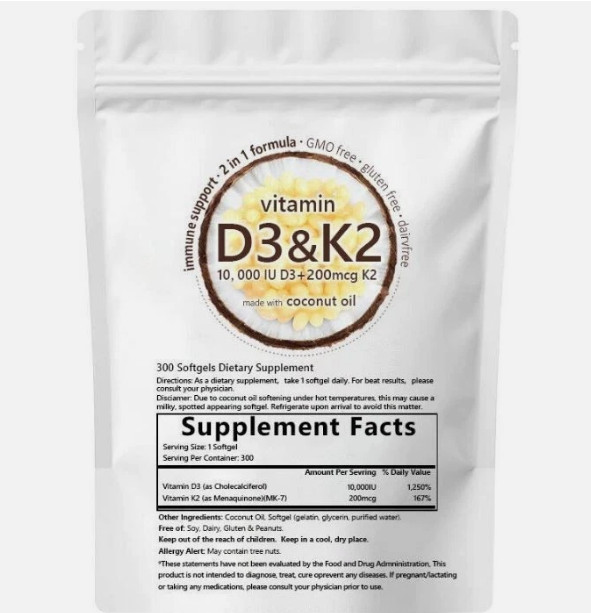 Vitamin D3 10000 iu Plus K2 (MK-7) 200 mcg, 300 Virgin Coconut Oil Softgels