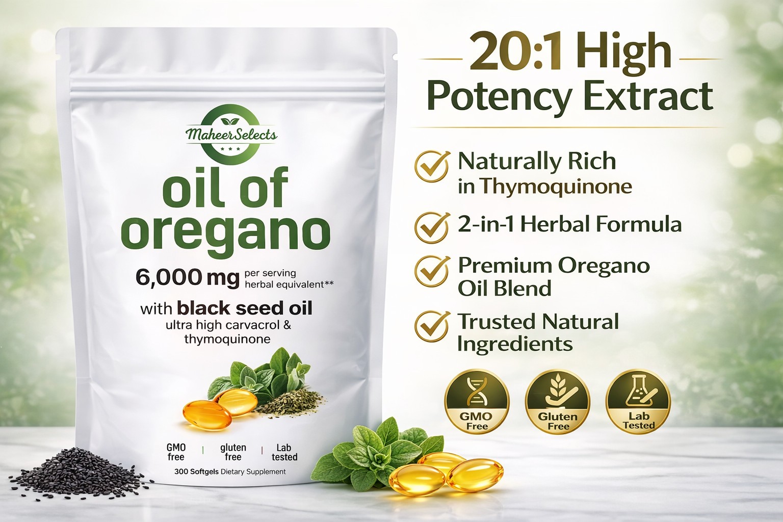 2 Pack Oil of Oregano 6000mg Black Seed Oil 600 Softgels Immune Digestive Carvac