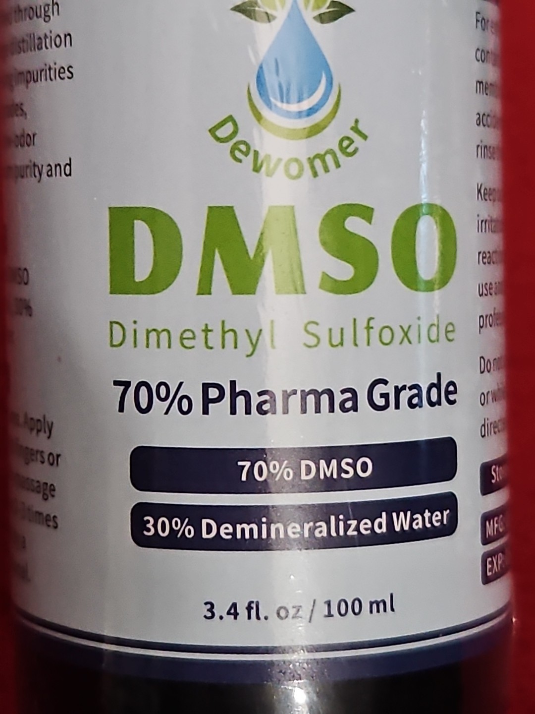 DMSO 70% Pharma Grade with Demineralized Water 3.4oz Glass Bottle Exp 05/2028