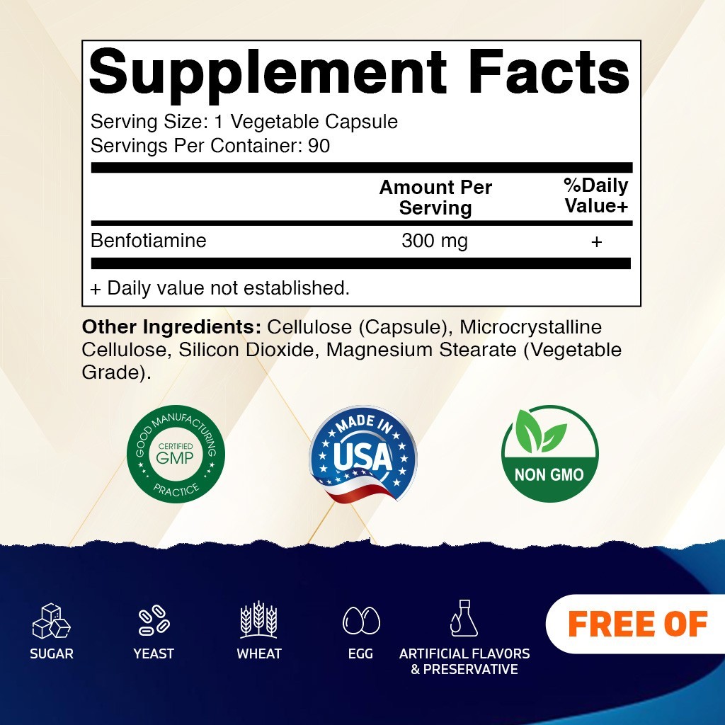 Vitamatic Benfotiamine 300 mg 90 Vegetarian Capsules – Also Called Fat Soluble