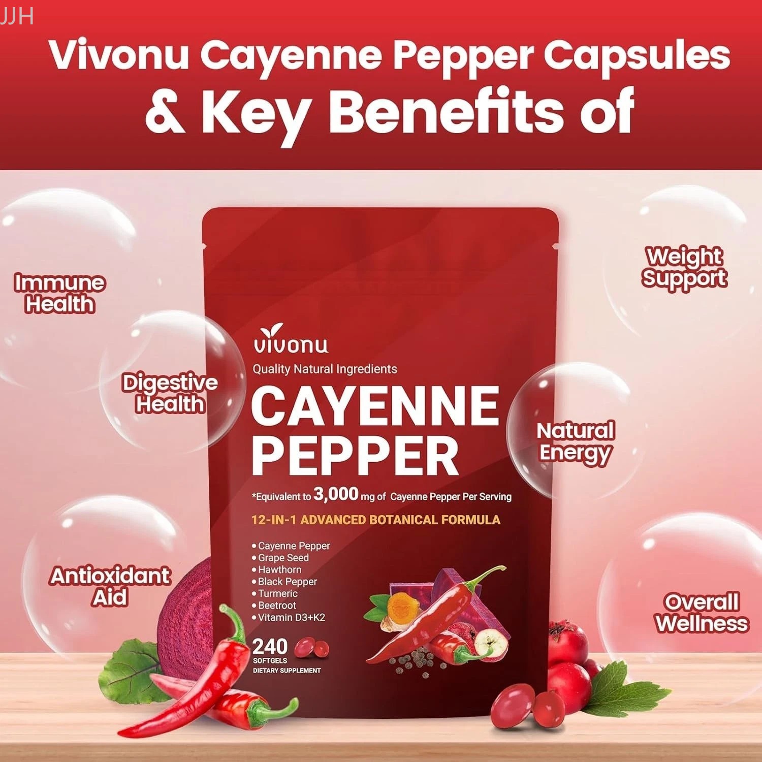 Pepper Softgels Supplement 12 in Botanical 1 3000mg Daily New- VivoNu Cayenne