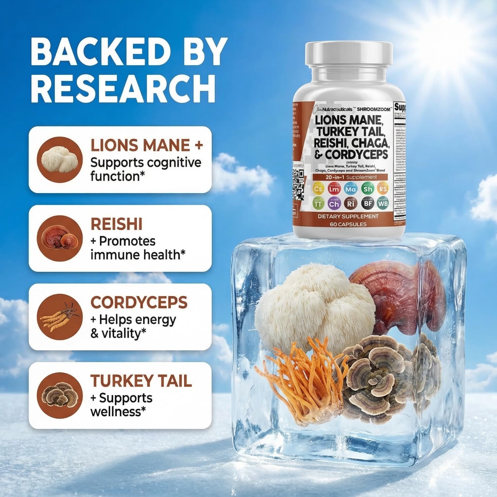 20-in-1 Mushroom Supplement – Lion’s Mane, Turkey Tail, Reishi, Cordyceps & More