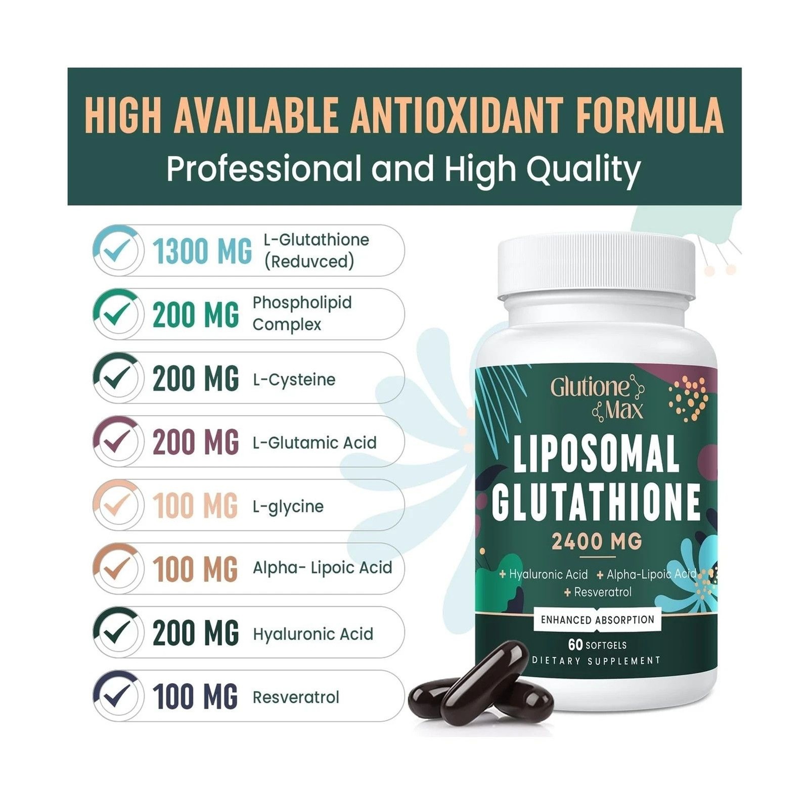 2400MG Liposomal Glutathione Max Absorption Glutathione Supplement 60 gel caps