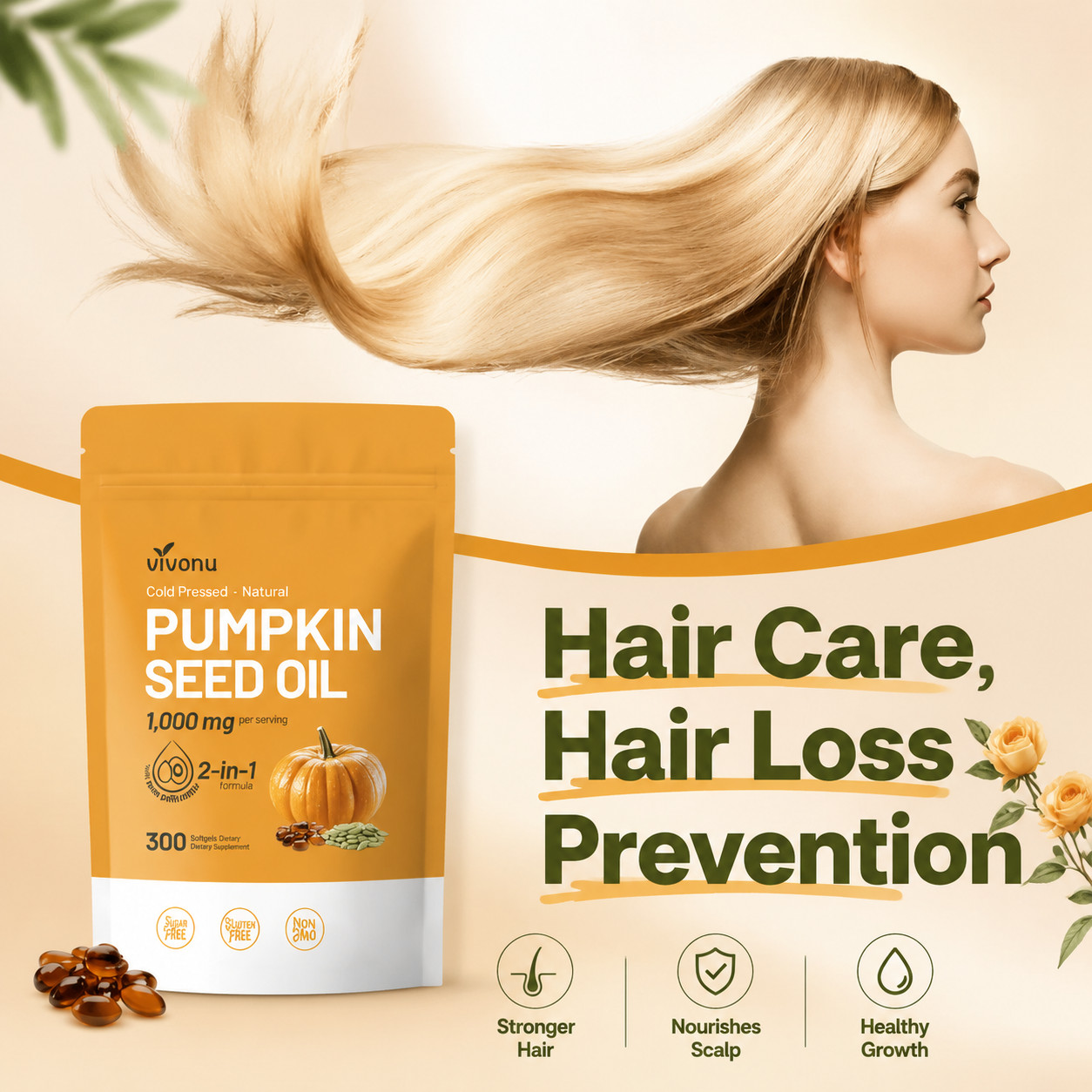 Vivonu Cold Pressed Pumpkin Seed Oil Saw Palmetto 1000mg Hair Support 300ct