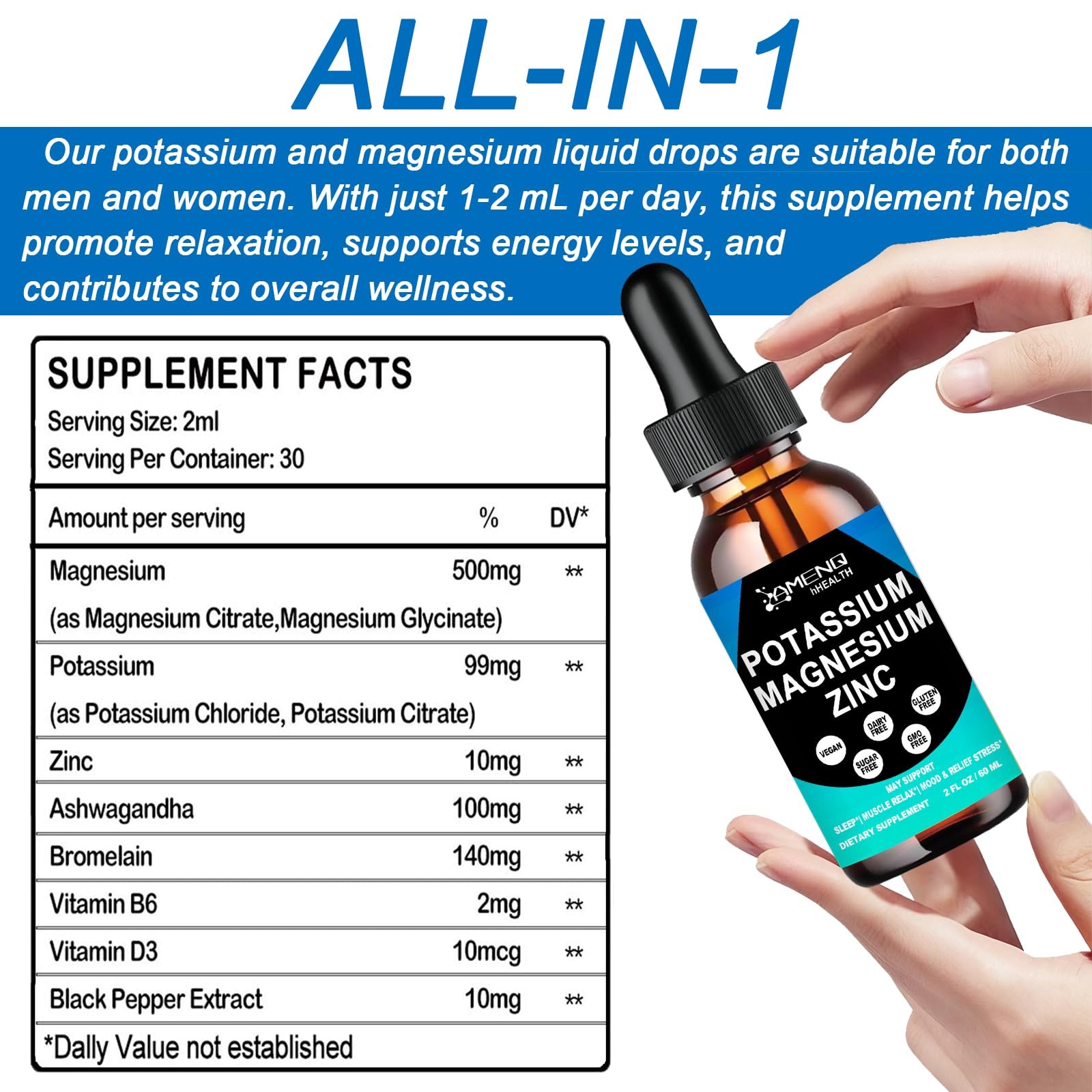 Potassium Magnesium Supplement Liquid Drops Plus Zinc, 2 Fl Oz (Pack of 1)