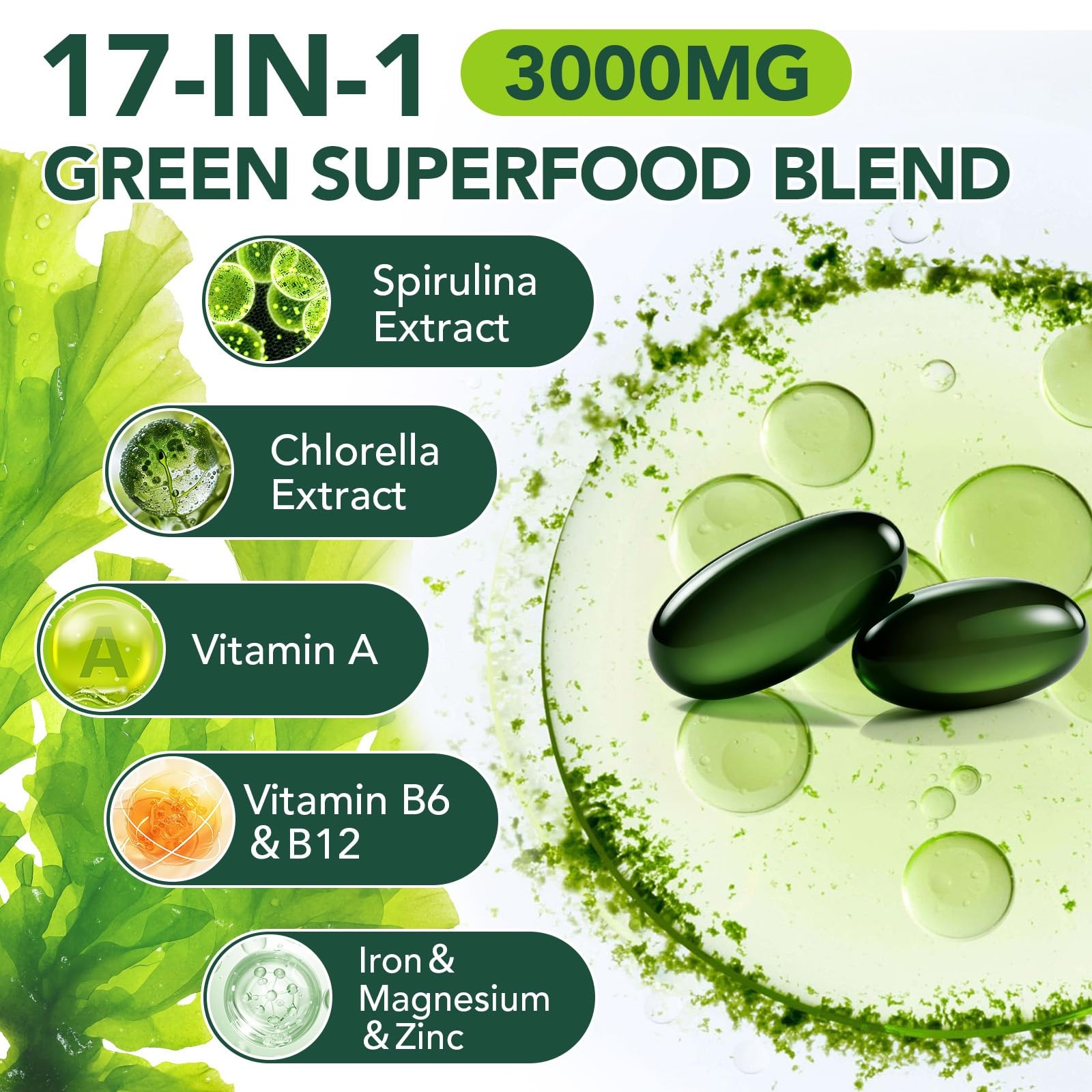 bnHUlMXw Organic Spirulina Chlorella Capsules,Non-GMO 300 Count (Pack of 1)