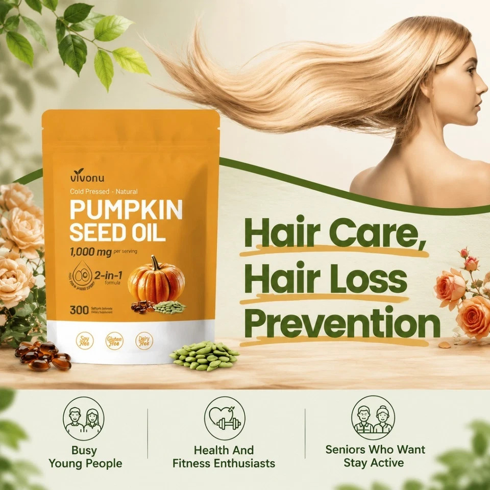 Vivonu Pumpkin Seed Oil 1000mg , Reduce Hair Loss &Support Prostate Health