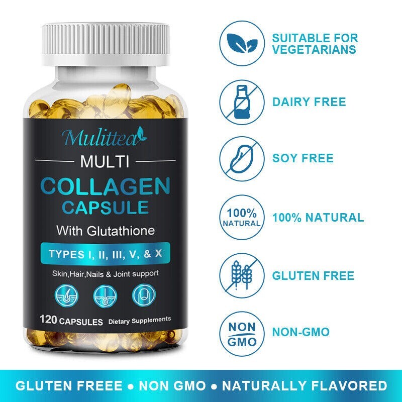 Multi Collagen Peptides Types I, Ii, Iii, V, X Pills Anti-Aging Skin Capsules