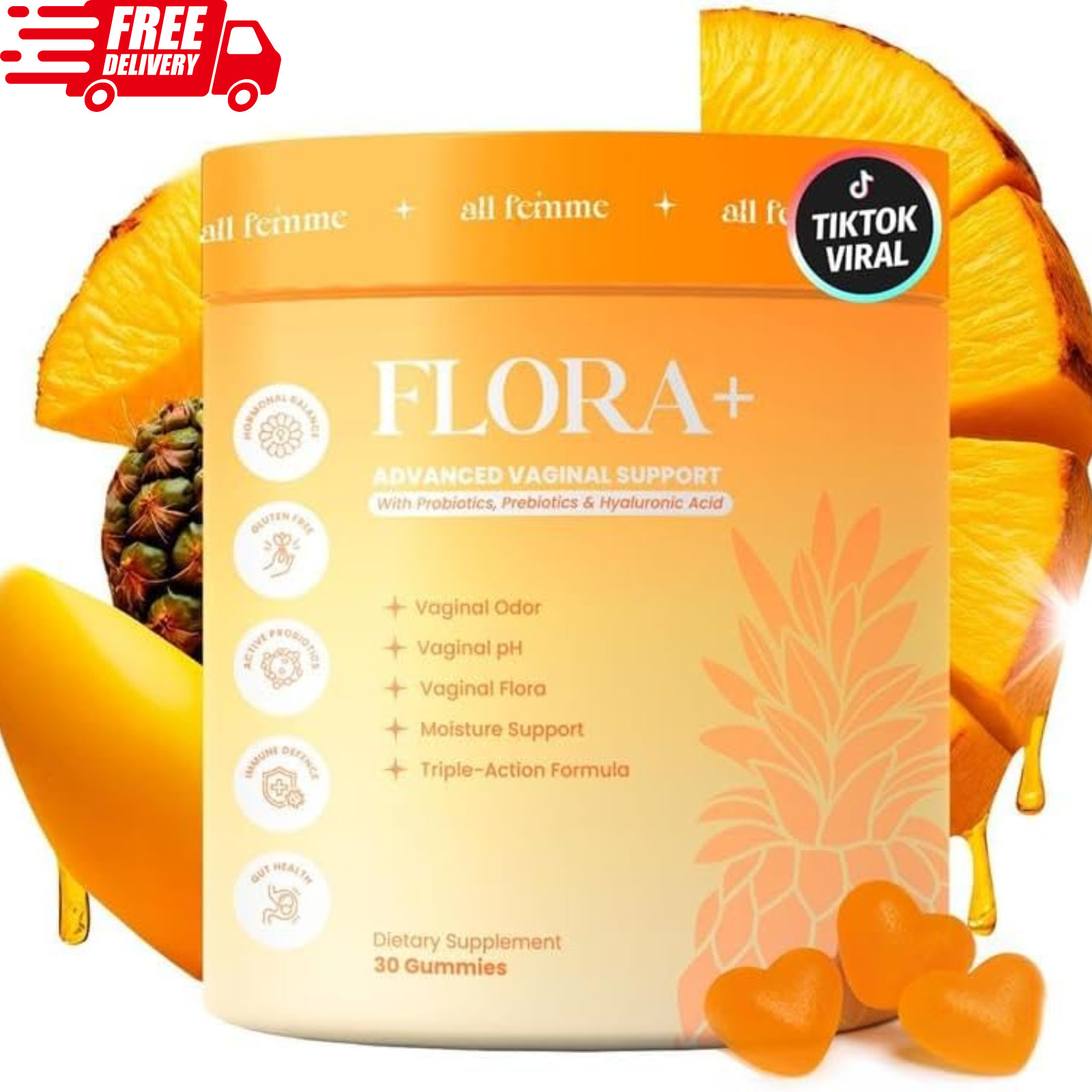 Flora+ Women’s Vaginal Probiotic Gummies 30 Ct Sugar Free Pineapple Vegan