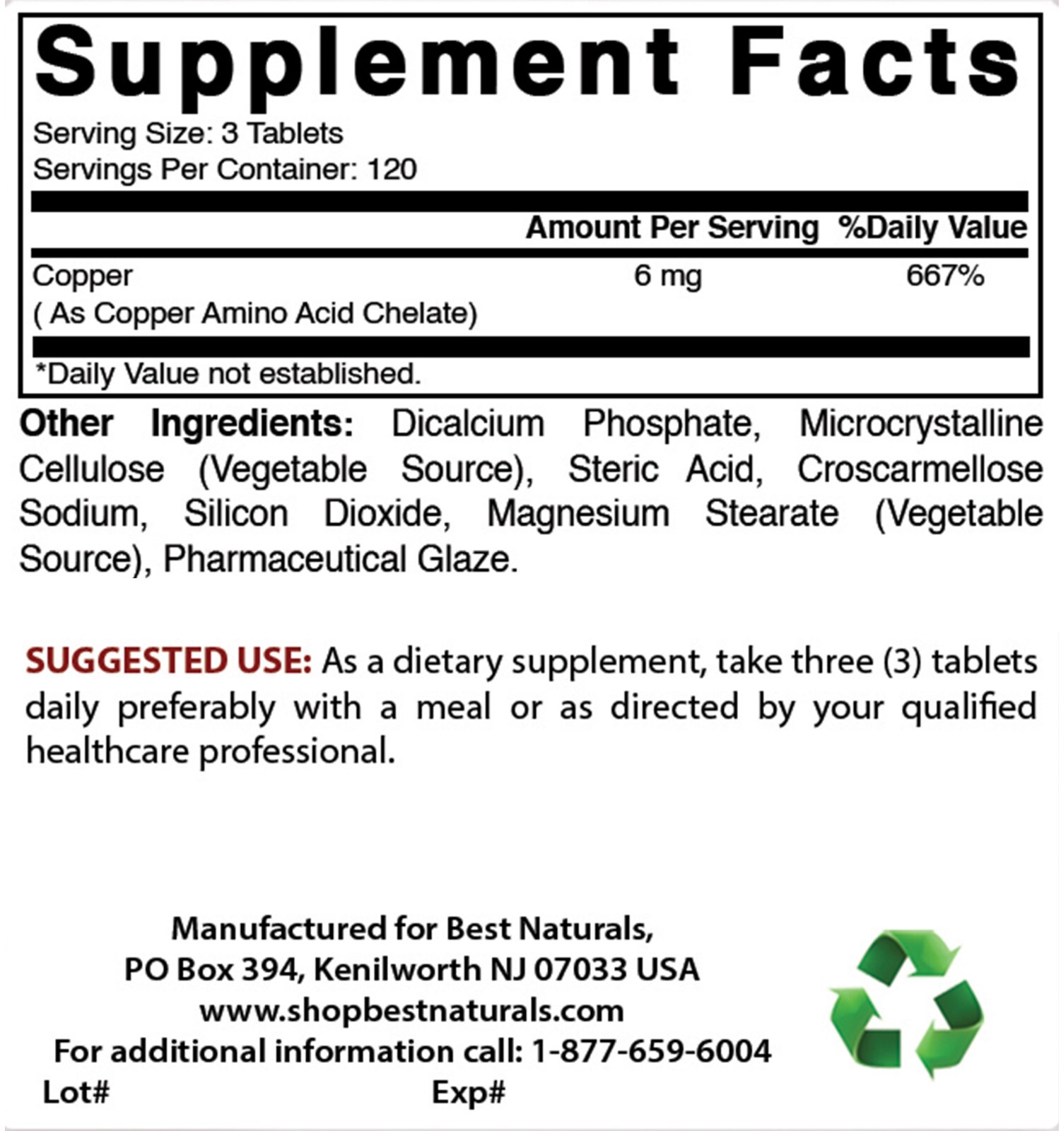 Best Naturals Copper Chelate 6 mg per Serving- 360 Tablets