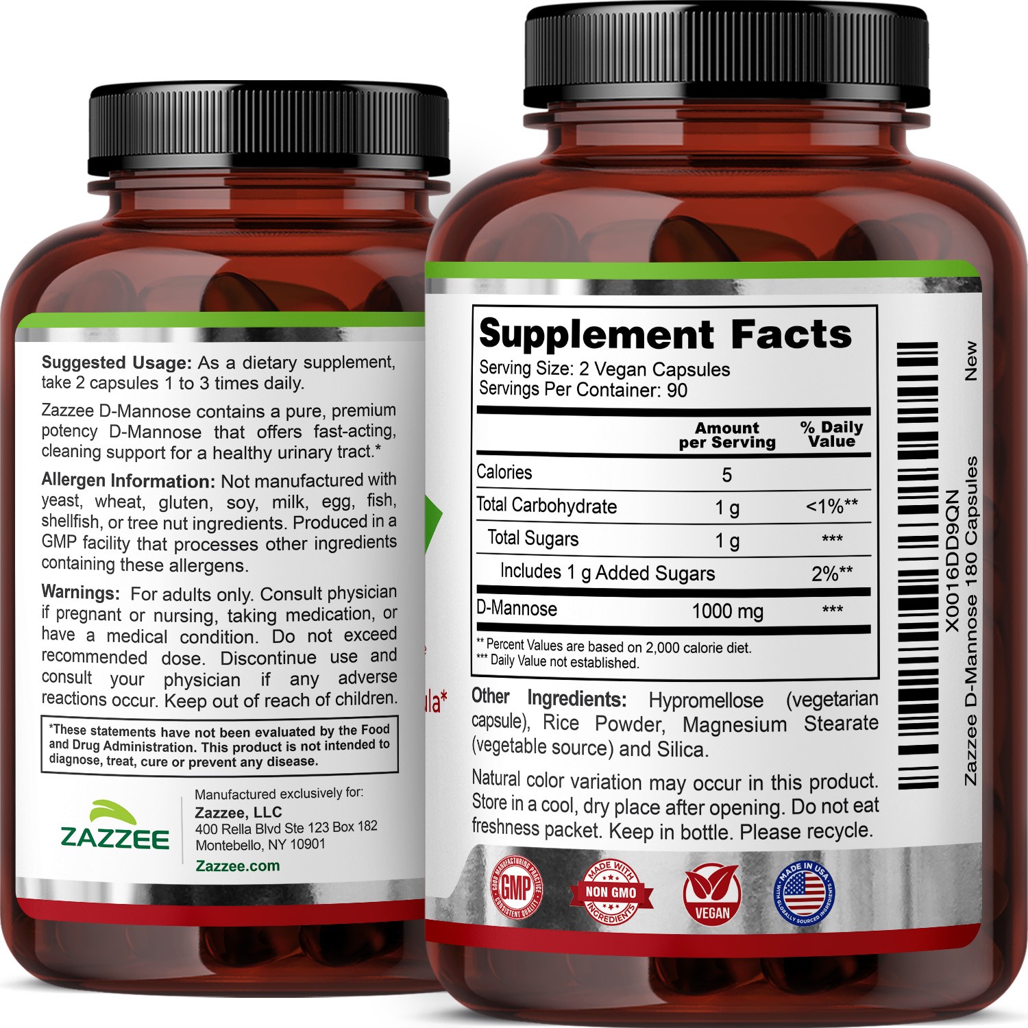 D-Mannose Capsules 180 Veggie Caps 1000mg 100% Pure UTI Relief Urinary Tract USA