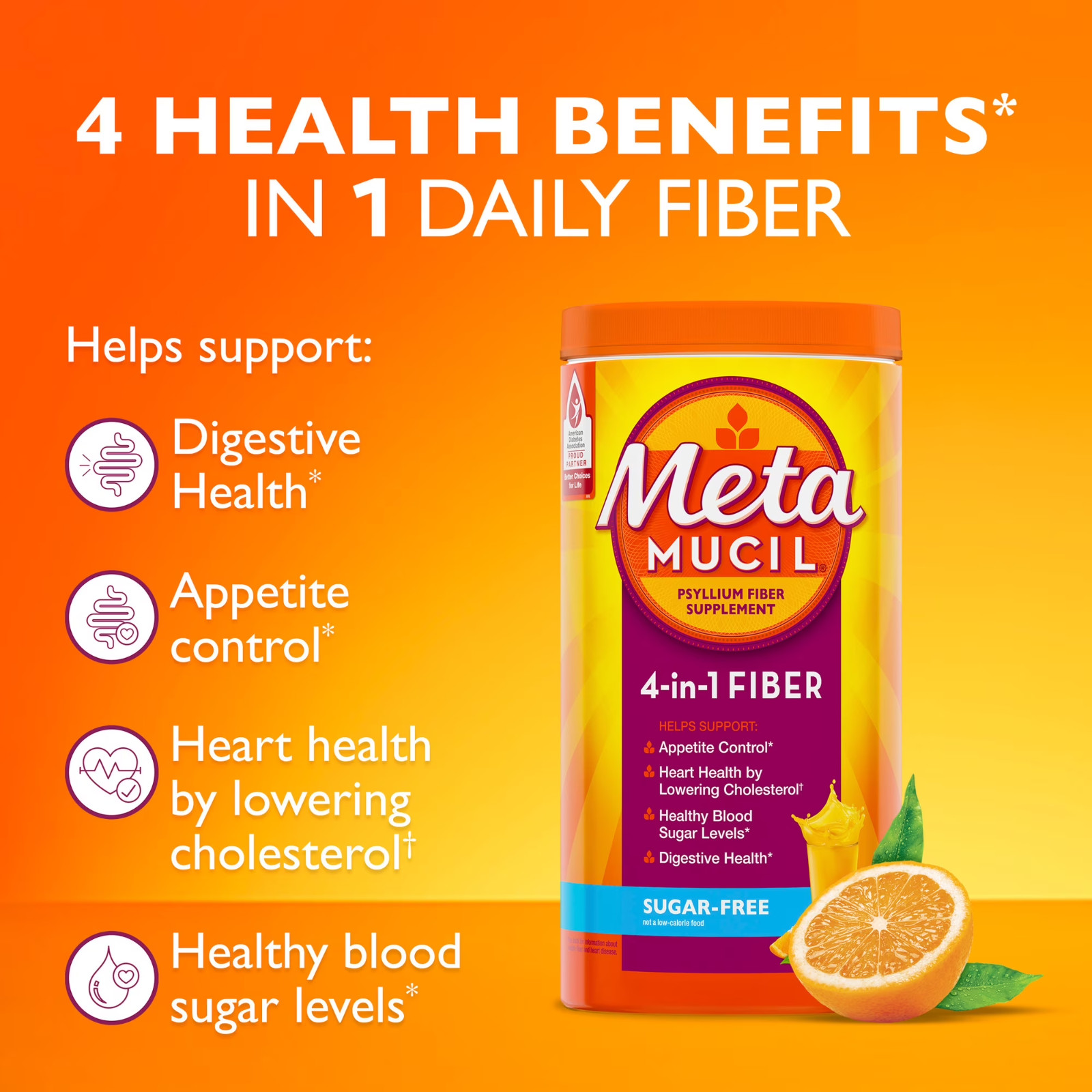 Metamucil 4-in-1 Fiber Sugar-Free Supplement (Orange) 6.1 OZ (2 Pack)