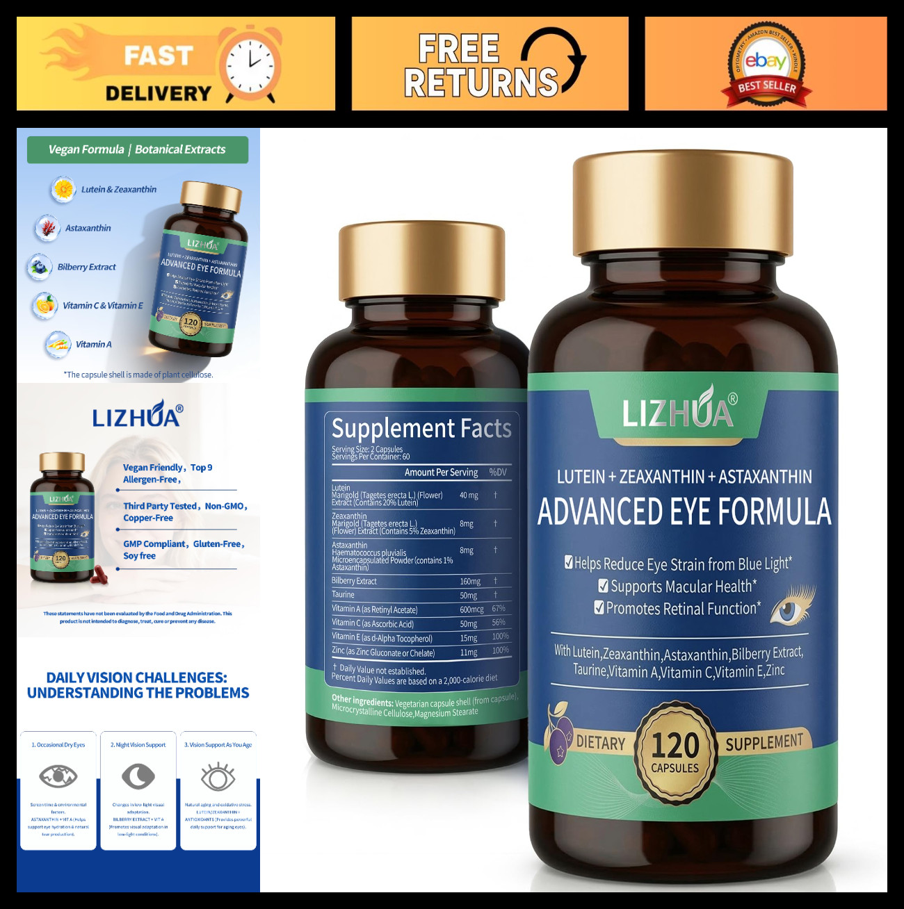 Lutein & Zeaxanthin 40mg + Astaxanthin 8mg – 120 Veggie Capsules for Eye Health