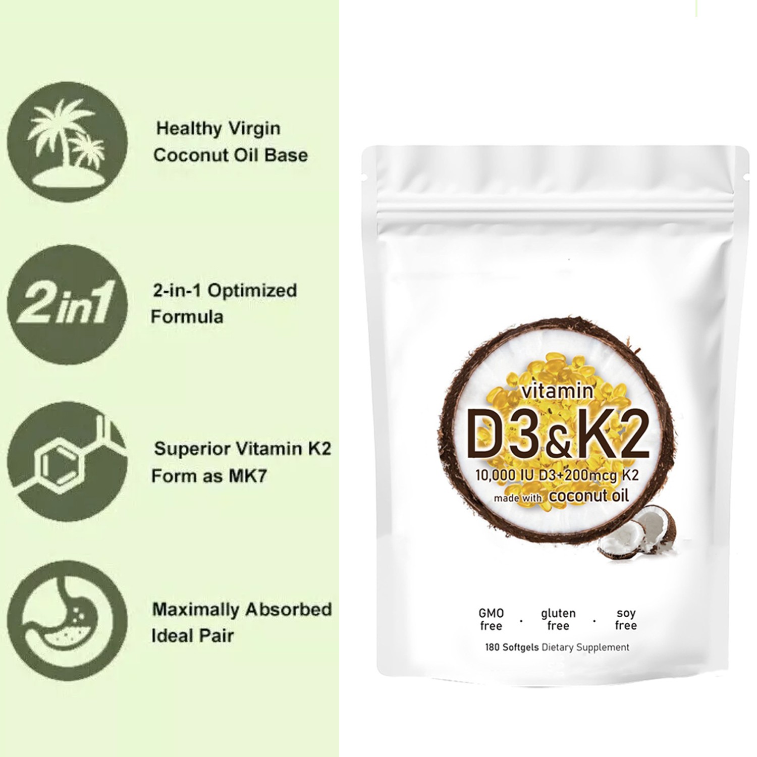 1 in 2 Vitamin D3 K2 Supplement Softgels 180 capsules 10000 IU VIT D3+K2 200 MCG