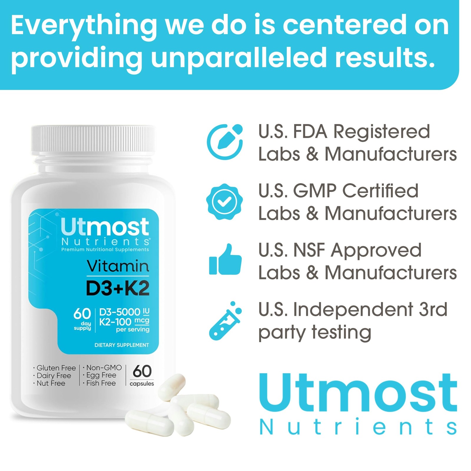 Vitamin D3 (5000iu) with K2 (100mcg) in one Capsule for 1 Count (Pack of 60)