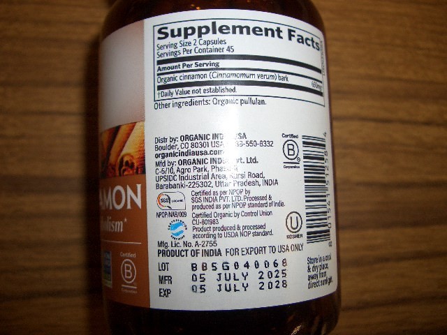ORGANIC INDIA Ceylon Cinnamon Herbal Supplement-90 Vegetarian Caps Exp 7/5/2028
