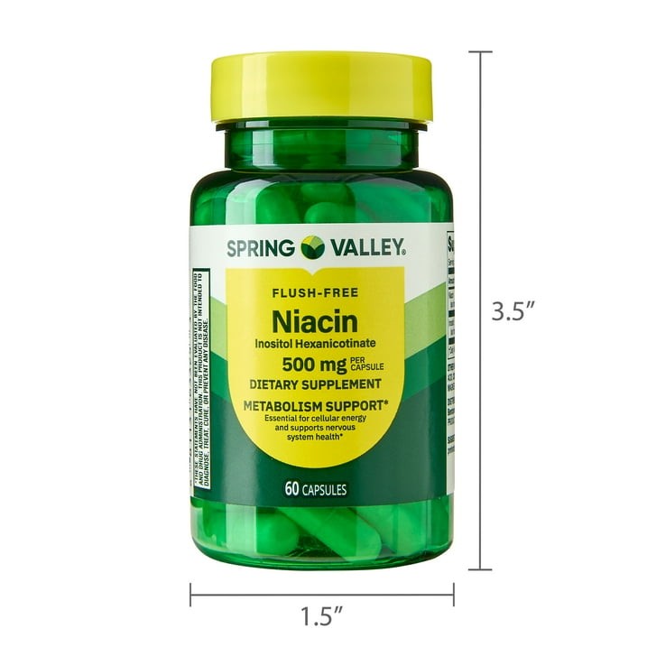Spring Valley Flush Free Niacin 500mg Capsules Metabolism Support, 60 Count