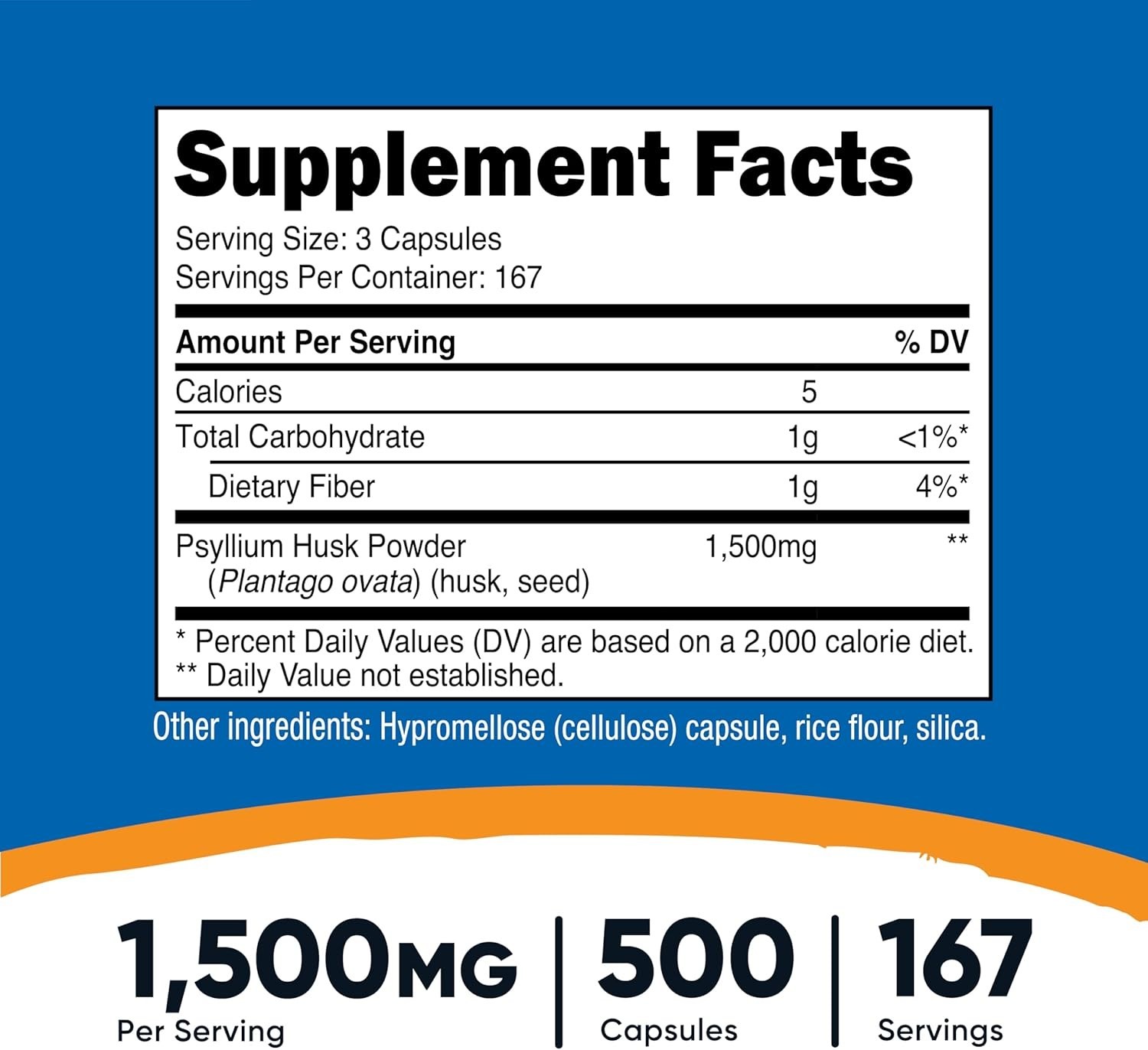 Psyllium Husk 1500mg Per Serving, 500 Capsules – Non-GMO & Gluten Free