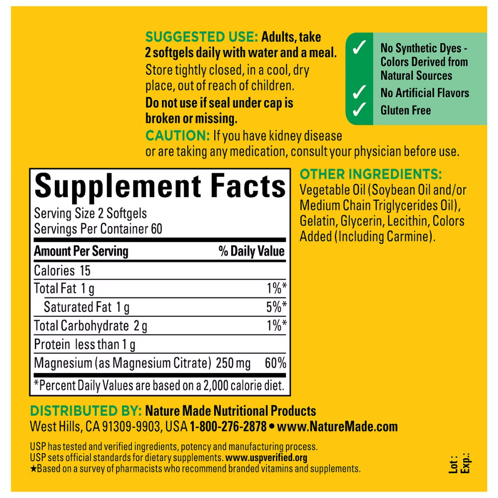 Nature Made Magnesium Citrate 250mg Muscle, Nerve, Bone&Heart Support Supplement
