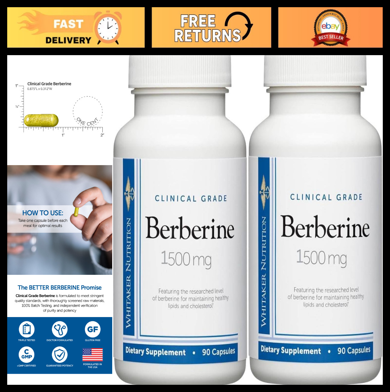 High-Potency Berberine Supplement | 1,500mg Daily Dose | 180 Capsules for Health