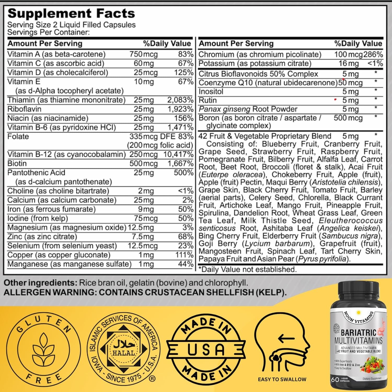 Bariatric Multivitamin with Iron for Men Women 42 Superfood Blend All-In-One
