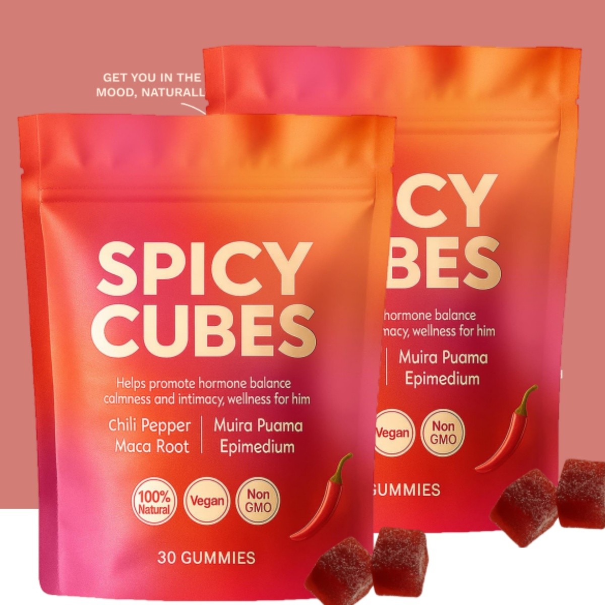 Peach Gummies Spicy Cubes 30 Gummies 2 Bag Support for Calm and Relaxation Hot