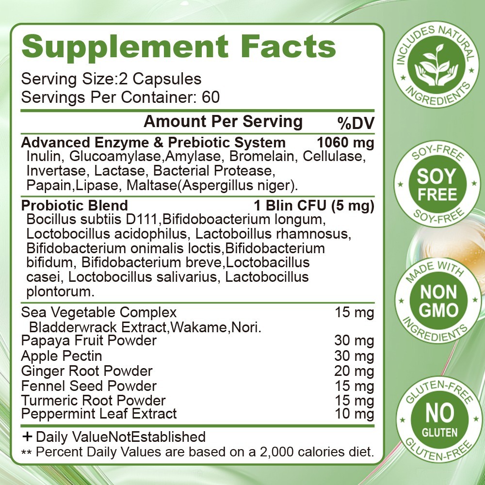 120 Digestive Enzymes Prebiotic & Probiotics Gas, Constipation & Bloating Relief
